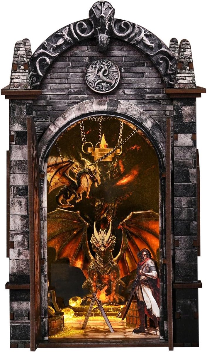 SnelShoppen - DIY Miniatuur Boeksteun Set - Hidden Dragon Kingdom - 3D Houten Puzzel met Stofhoes voor Creatievelingen, Perfect als Kerst- en Verjaard