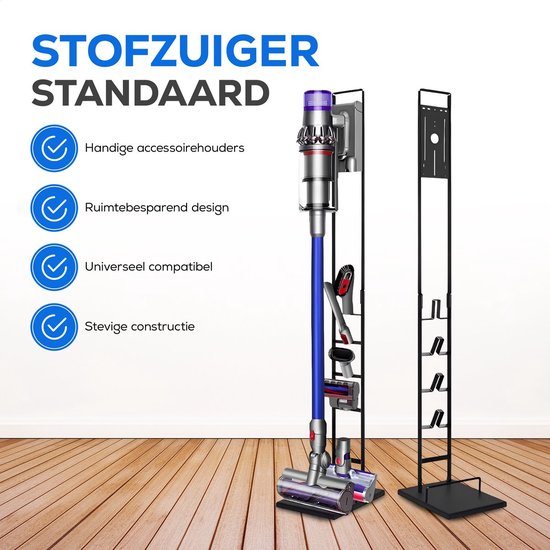 Standaard voor stofzuiger met handige accessoirehouders, ruimtebesparend design en stevige constructie.