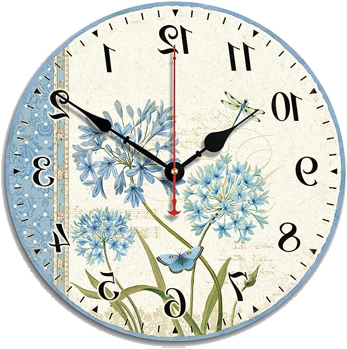 Ronde Houten Wandklok met Bloemenpatroon in Shabby Chic Stijl voor Woonkamer, Slaapkamer en Keuken Decoratie en Cadeau Ideeën