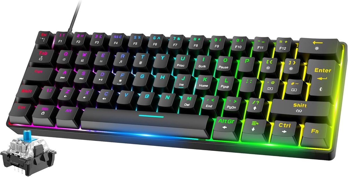 SnelShoppen - Mini 60% RGB Gaming Keyboard - Compact 62 Toetsen Mechanisch Toetsenbord met Blauwe Switch, 18 RGB LED Chroma Verlichting, UK Layout, Af