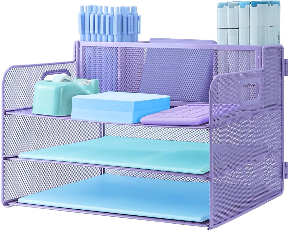 Drie-laags bureau-organizer met handvat en potloodhouder, uittrekbare metalen file organizer voor documenten, papieropslag voor A4-bestanden en kantoorbenodigdheden