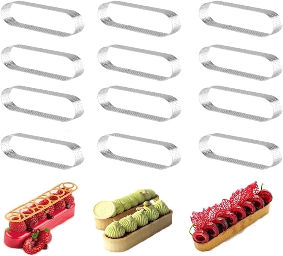 SnelShoppen - 12pcs Oval Cake Ring Tartlet Molds - DIY Cake Moulds voor Franse Desserts, Mousse Taarten, Quiches, Donuts en Burgers (9.5 x 2.7 x 2cm)