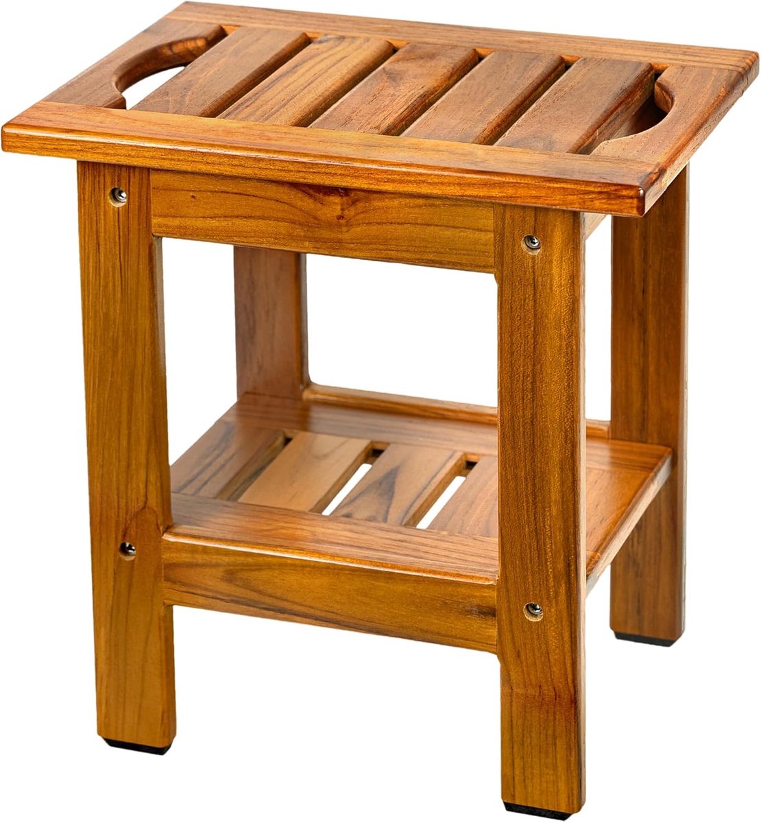 SnelShoppen - Teak Douche Krukje Klein - Houten Badkamer Bench voor Benen Scheren - Compacte Douchebank met 2-Tier Plank en Handvatten - Ideaal voor K