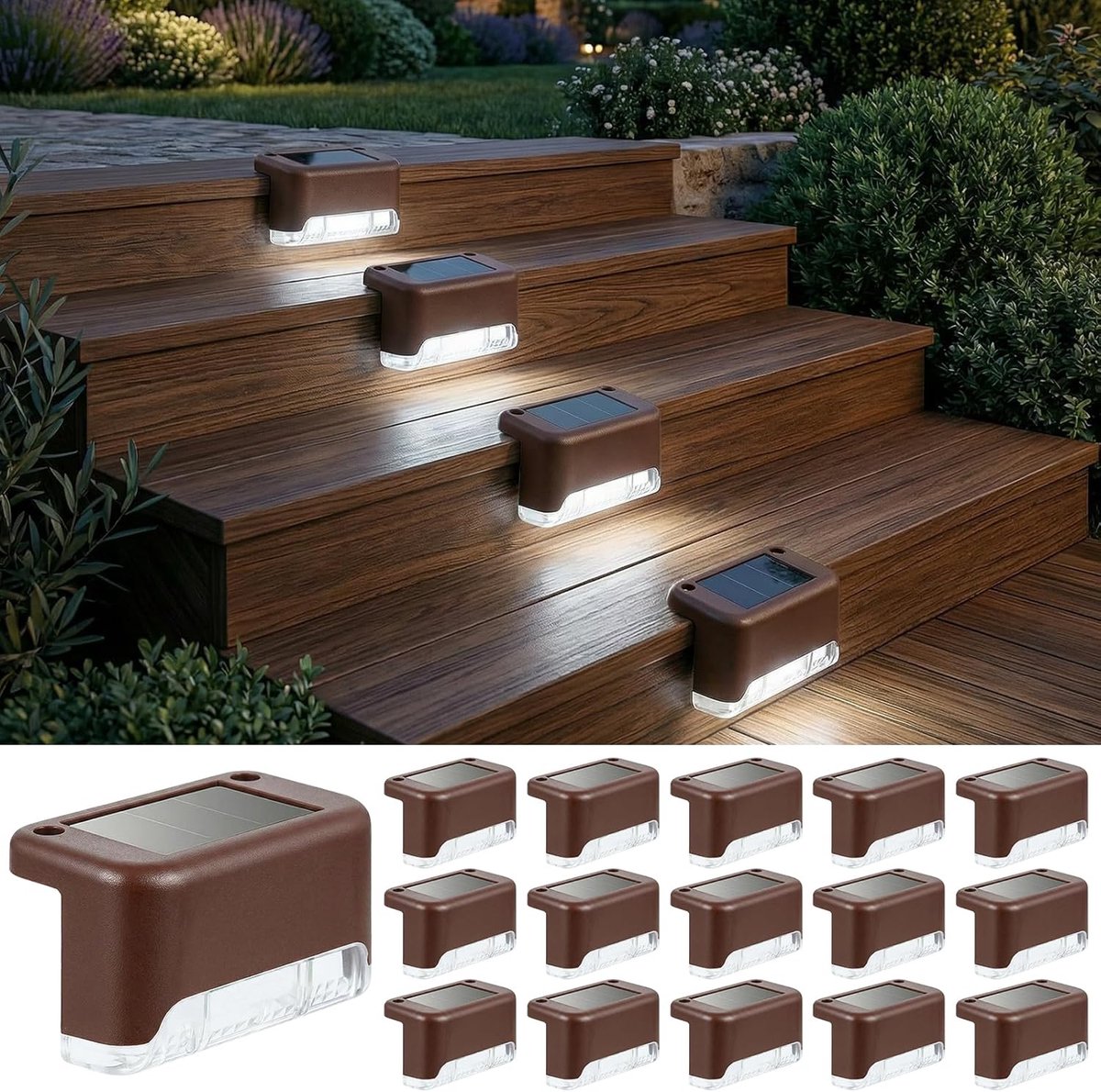 SnelShoppen - 16 Stuks Solarverlichting Buiten, LED Trapverlichting Koud Wit, Waterdicht voor Trappen, Hekken, Terrassen, Paden en Tuindecoratie