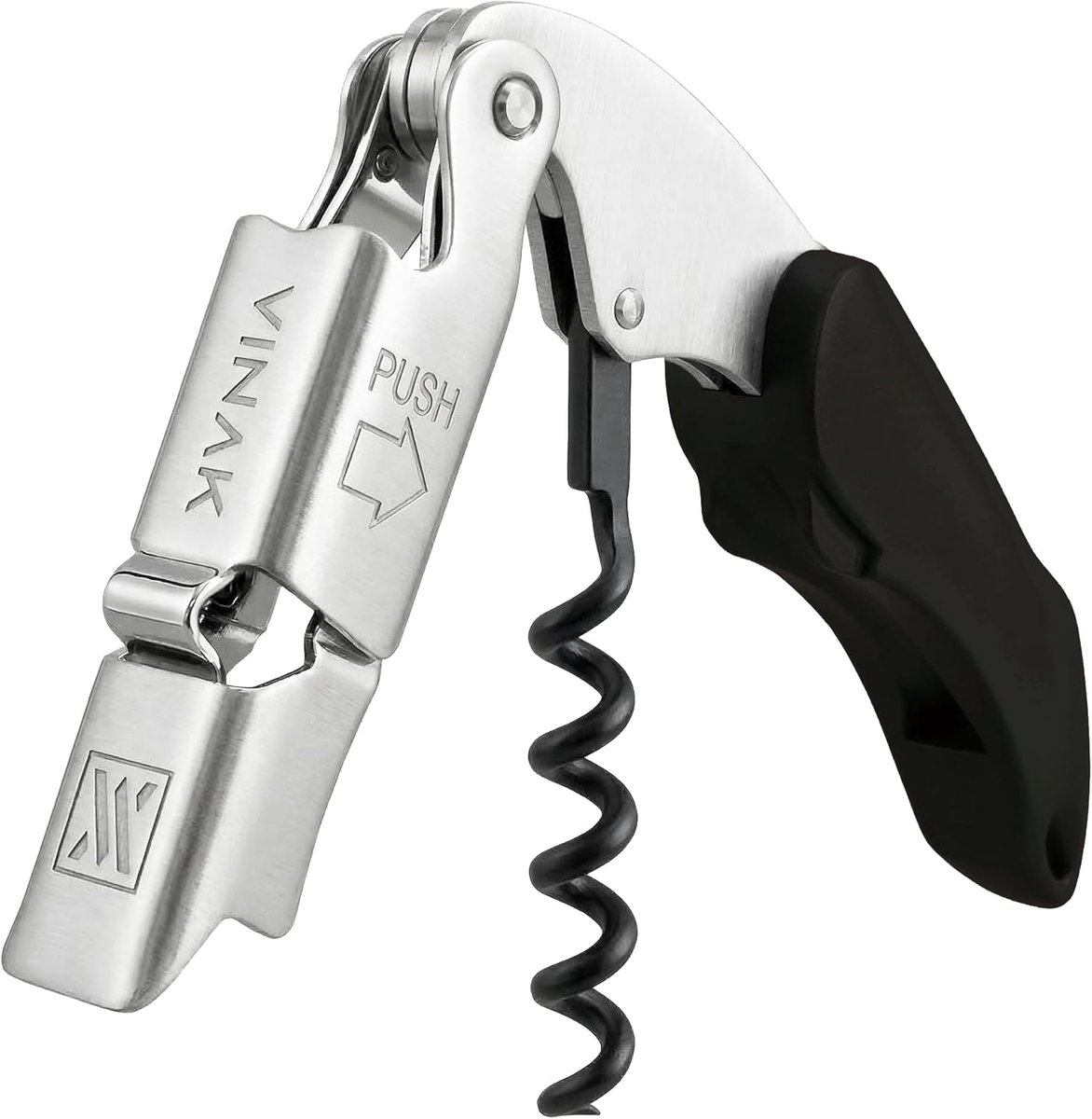 SnelShoppen - Professionele Wijnopener Rvs Kurkentrekker met Dubbele Ondersteuning + Flesopener + Foliesnijder + Teflon Gecoate Spiral - Zwart