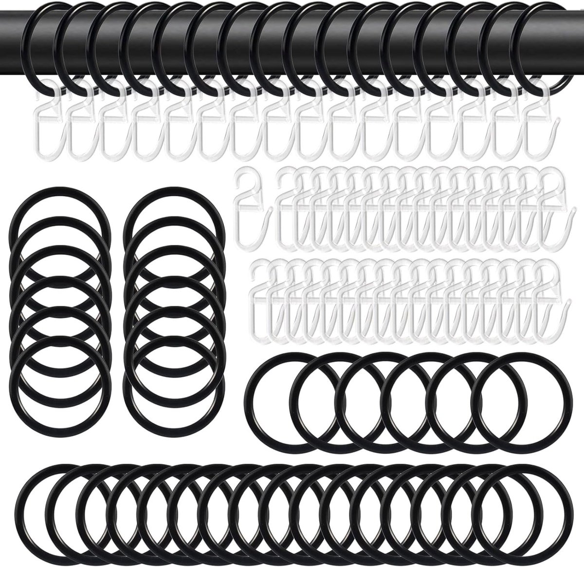 SnelShoppen - 50pcs Metal Curtain Rings 30mm Binnenmaat Zwart, Plastic Gordijnhaken voor Douchegordijnen en Raamgordijnen, Roestvrij en Duurzaam
