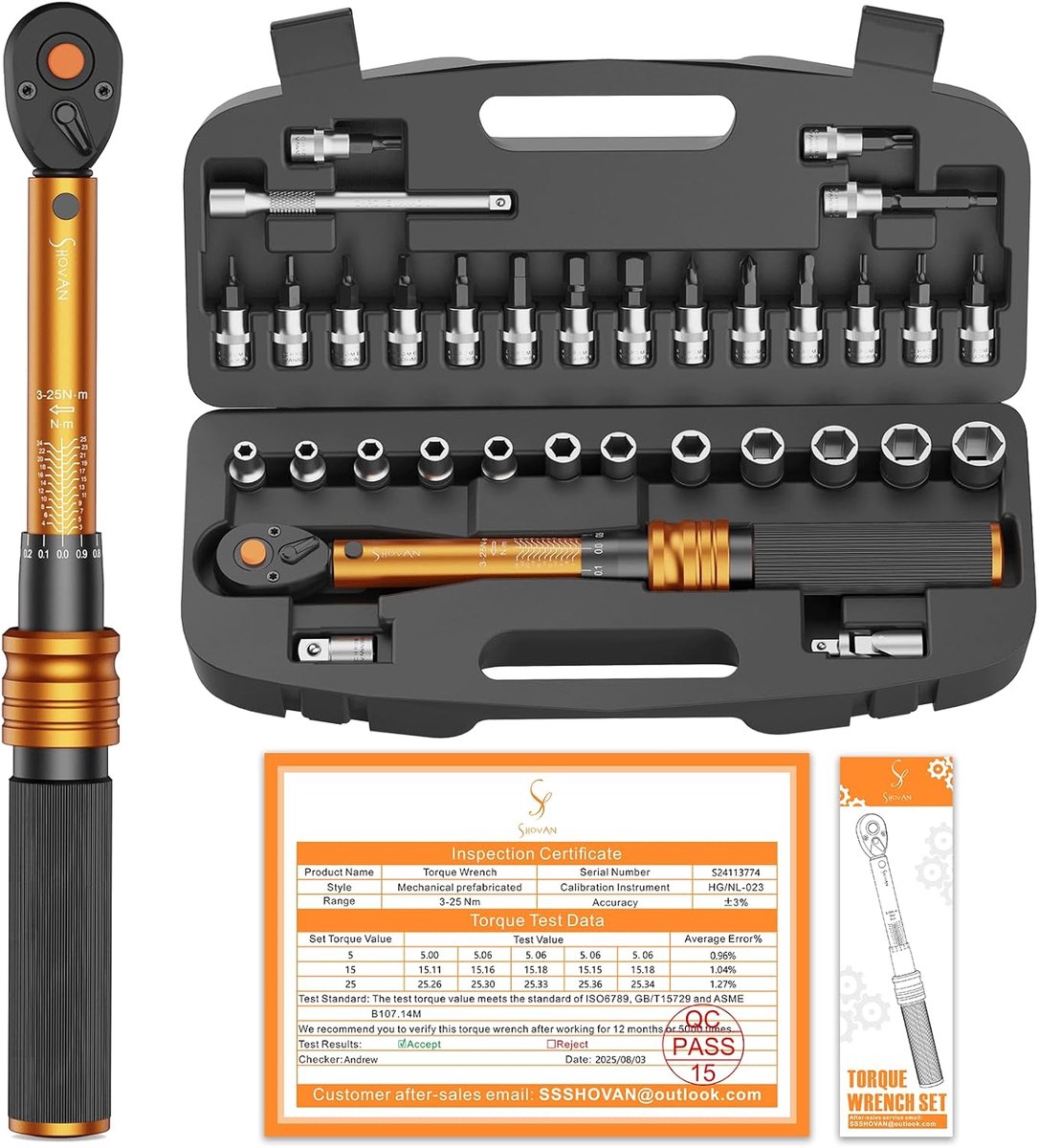 SnelShoppen - Koppelmoment Sleutel Fiets 1/4 inch, 3-25 Nm, ± 3% Foutnauwkeurigheid, 72 Tanden Ratel, 33-delig Set voor Motorfiets en Fiets, Inclusief
