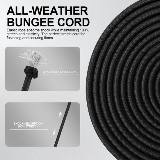 SnelShoppen - Bungee Cords 6mm x 10m - Heavy Duty Elastic Shock Cord voor Trailer, Tarpaulin, Tent, Kayak, Backpack - Zwart, Perfect voor DIY Projecte van Snelshoppen — afbeelding 2