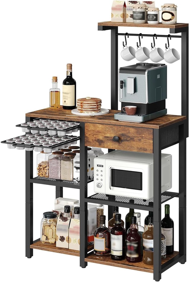 Keukenopbergkast met Lade en Houder voor Koffiecapsules, 4-laags Koffiestandaard voor Keuken en Woonkamer in Industrieel Design