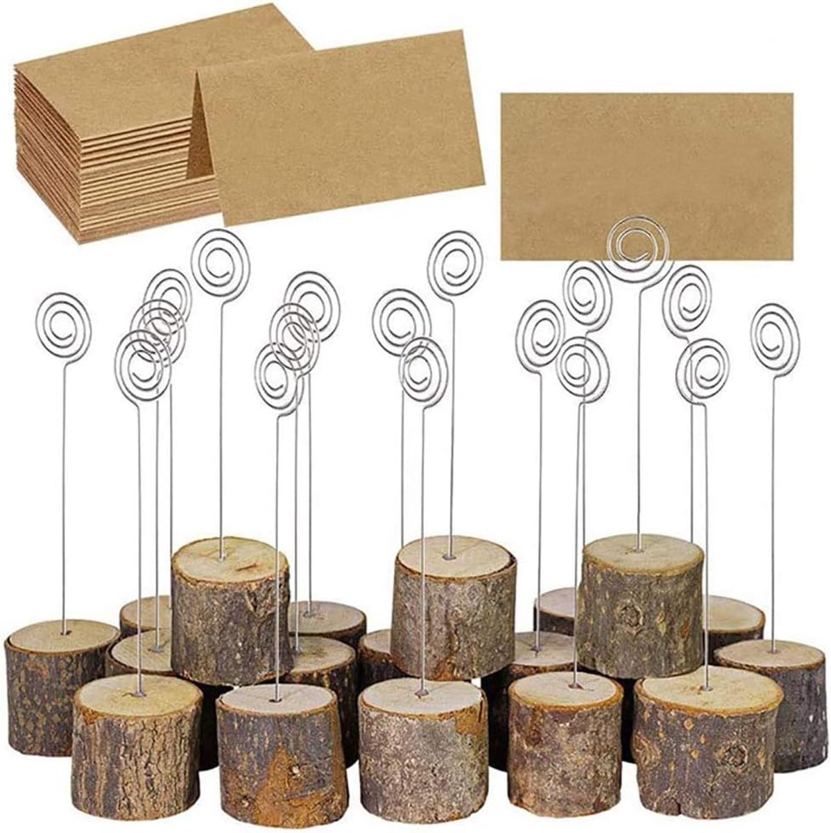 SnelShoppen - 15 sets houten naamkaart houders met schors, tafelkaart houder voor fotos, memo, naamkaartjes, bruiloft, tafel nummers, prijs tags - 18x