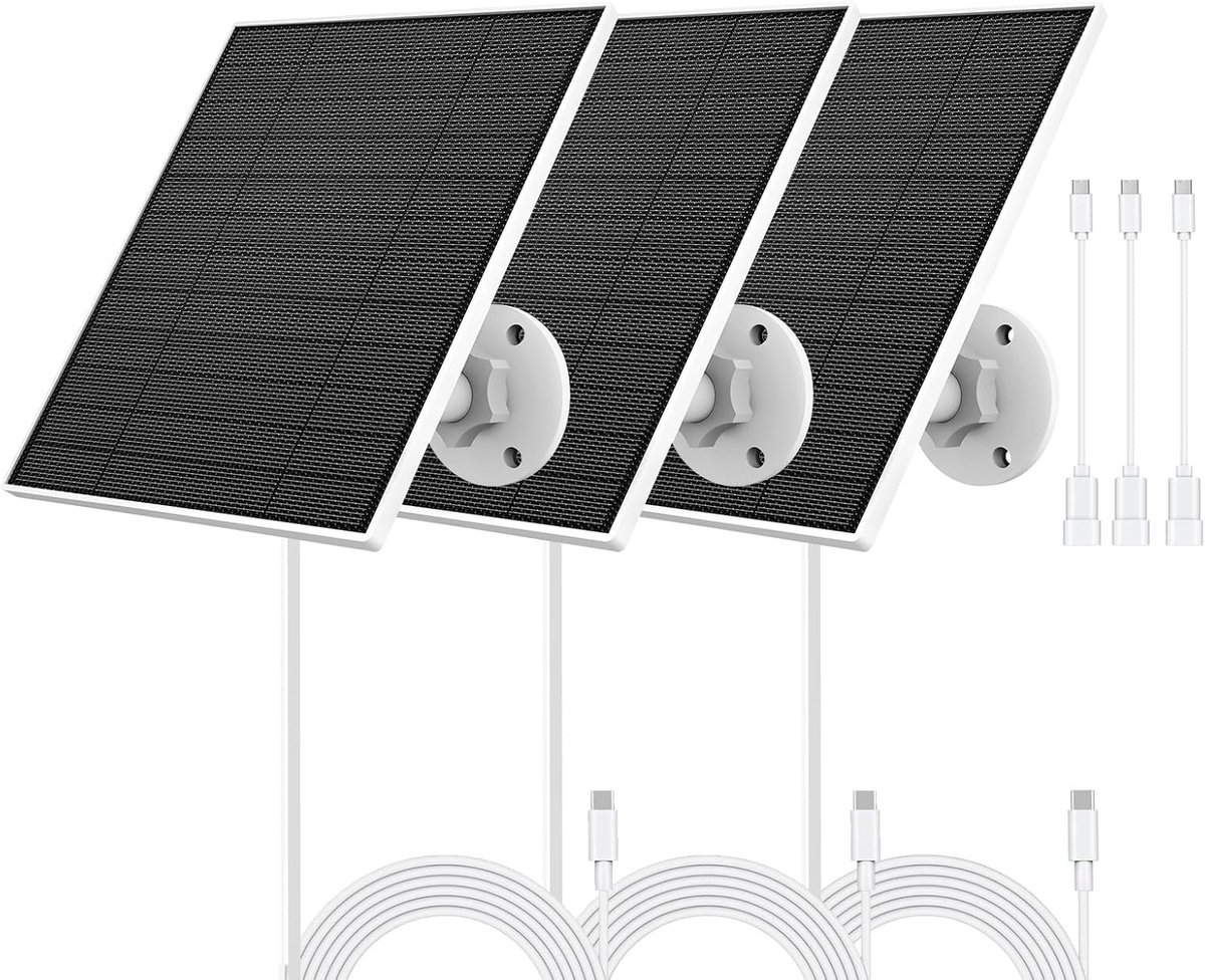 SnelShoppen - 5W Zonnepaneel voor Beveiligingscamera, Compatibel met Eufycam 2/2 Pro/2C/3/3C, IP65 Waterdicht, USB-C Aansluiting, Micro USB Adapter, 3