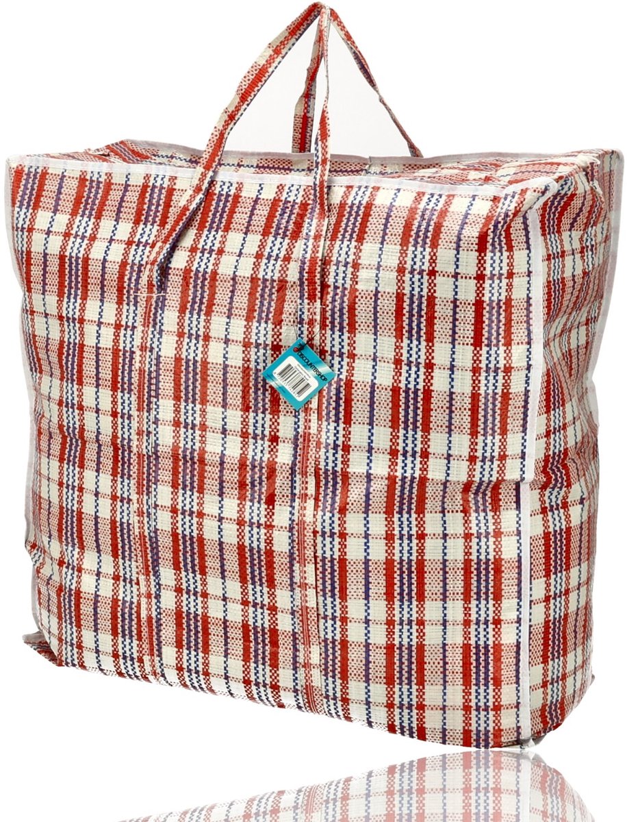 Opbergtas met Rits 90L – 1 Stuk Grote Opbergtas voor Dekbedden, Kleding, Wasgoed en Verhuizen – Big Shopper XL – Boodschappentas met Rits – 60 x 60 x 25 cm – Rood Wit Blauw