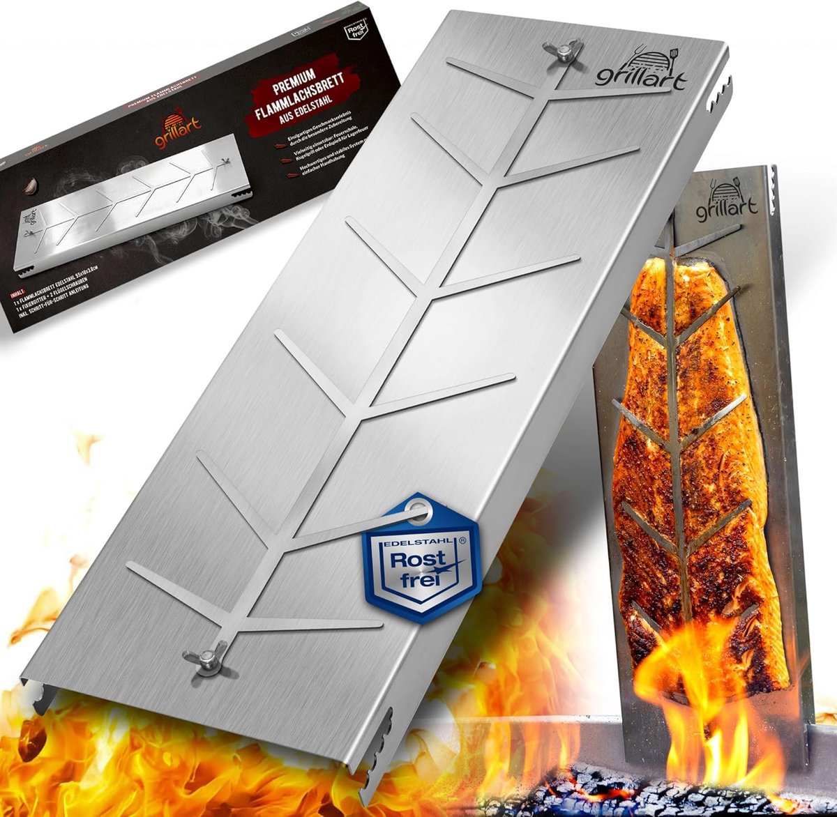SnelShoppen - Grillart XXL Premium Zalm Grillplank van Roestvrijstaal, 55 cm x 18 cm, Verstelbaar en Draaibaar, Voor BBQ en Haard