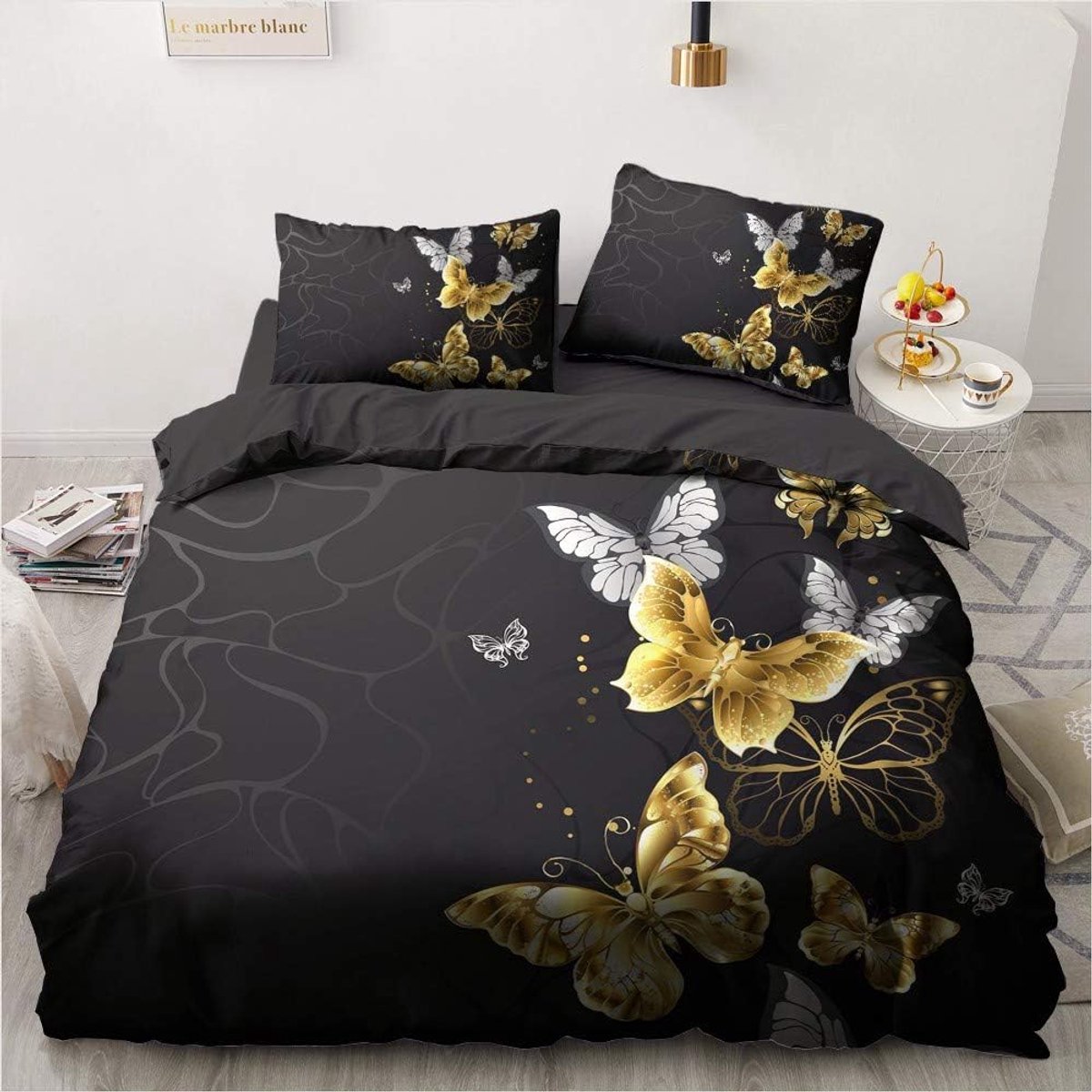 SnelShoppen - Luxe Dekbedovertrek Set 200 x 200 cm met Vlinder Patroon in Zwart Goud, Microvezel, Reversibel, Inclusief 2 Kussenslopen 80 x 80 cm, Per