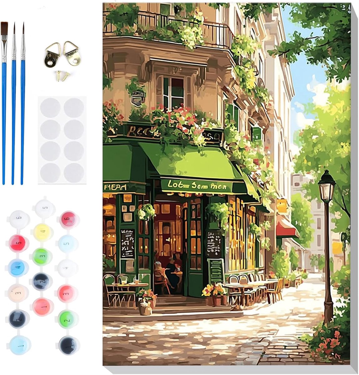 SnelShoppen - Paint by Numbers Set voor Volwassenen - Straat Café op Canvas - DIY Acryl Schilderen met Houten Frame en 3 Penselen - Creatieve Hobby vo