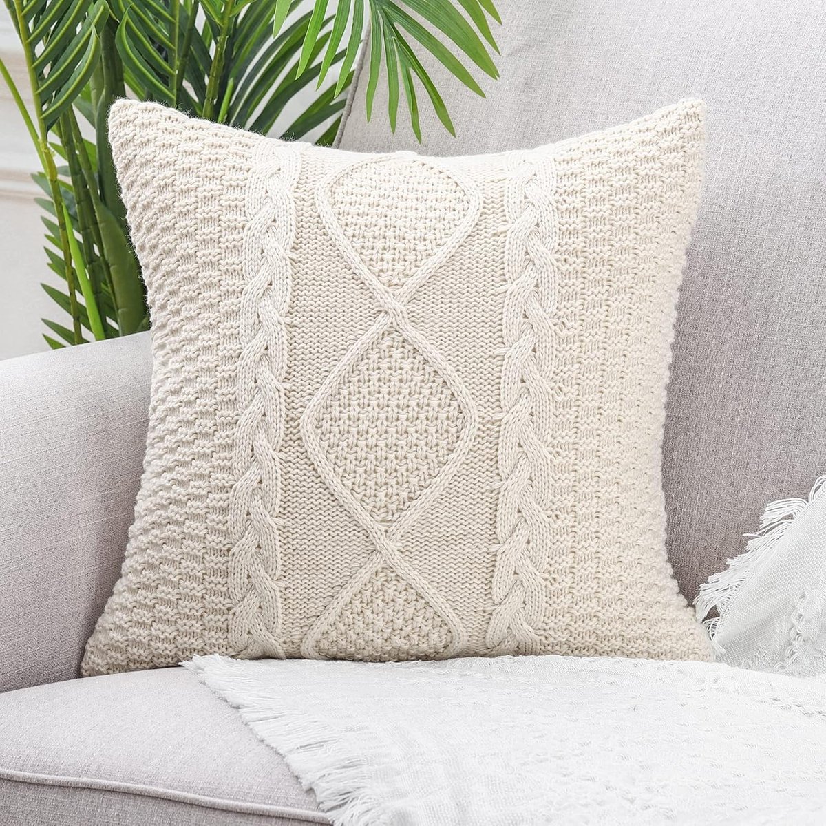 SnelShoppen - Luxe Beige Geweven Katoenen Decoratieve Kussenhoezen 20x20 Inch - Soft Cozy Outdoor Kussenhoezen voor Sofa en Bed - Moderne Kabelstructu