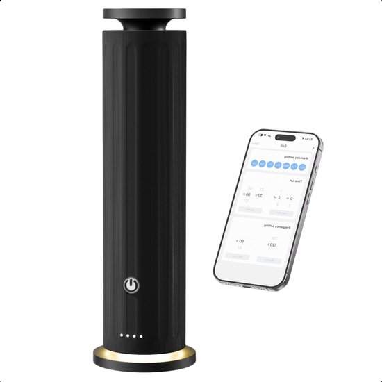 Zwarte cilindervormige diffuser met aan/uit-knop, ring aan de onderkant en een smartphone ernaast.