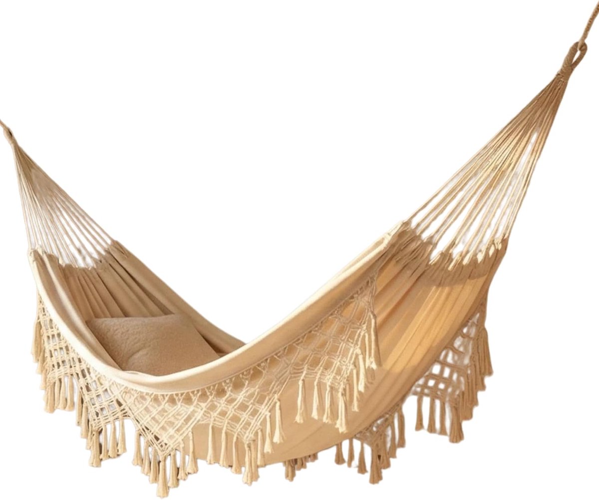 SnelShoppen - Outdoor Hangmat Tuin Boho Macramé Fringes 2-Persoons Dubbele Hangmat 250kg Katoen voor Strand Balkon Patio