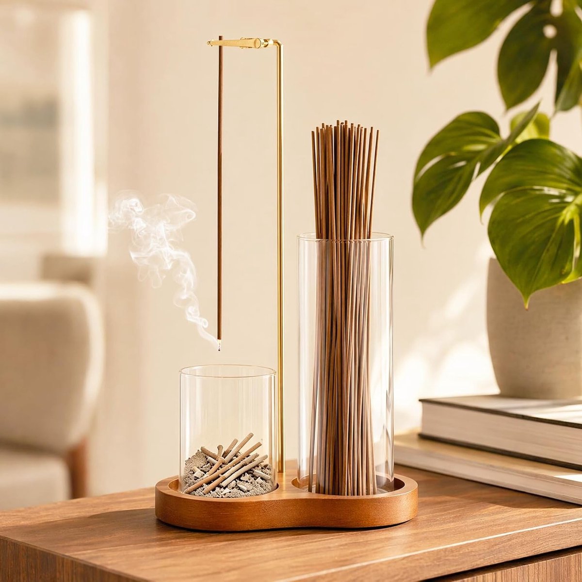 Afneembare Wierookstokjeshouder van Hout en Glas voor Zen, Meditatie en Yoga Decoratie, Ideaal voor Thuis en Spa