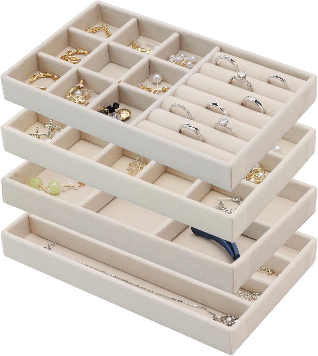 Stapelenbare sieradenopbergers - 4-delige set met uitneembare verdelers voor oorbellen, ringen, kettingen en armbanden, ideaal voor een georganiseerde sieradentrekker.