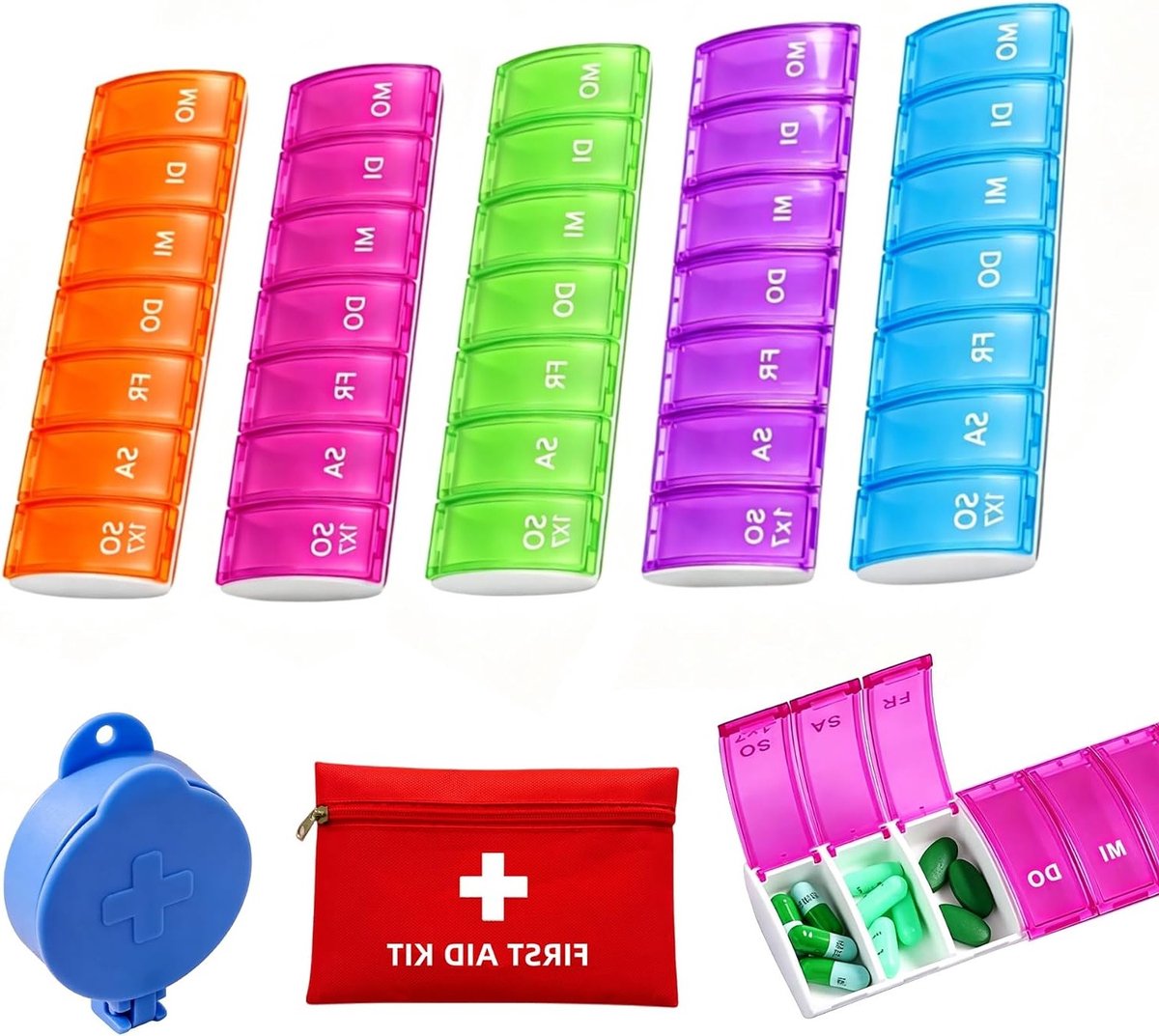 Wekelijkse pillendoosjes voor 7 dagen met opbergtas en cutter voor medicijnen, vitamines en supplementen, 5 stuks
