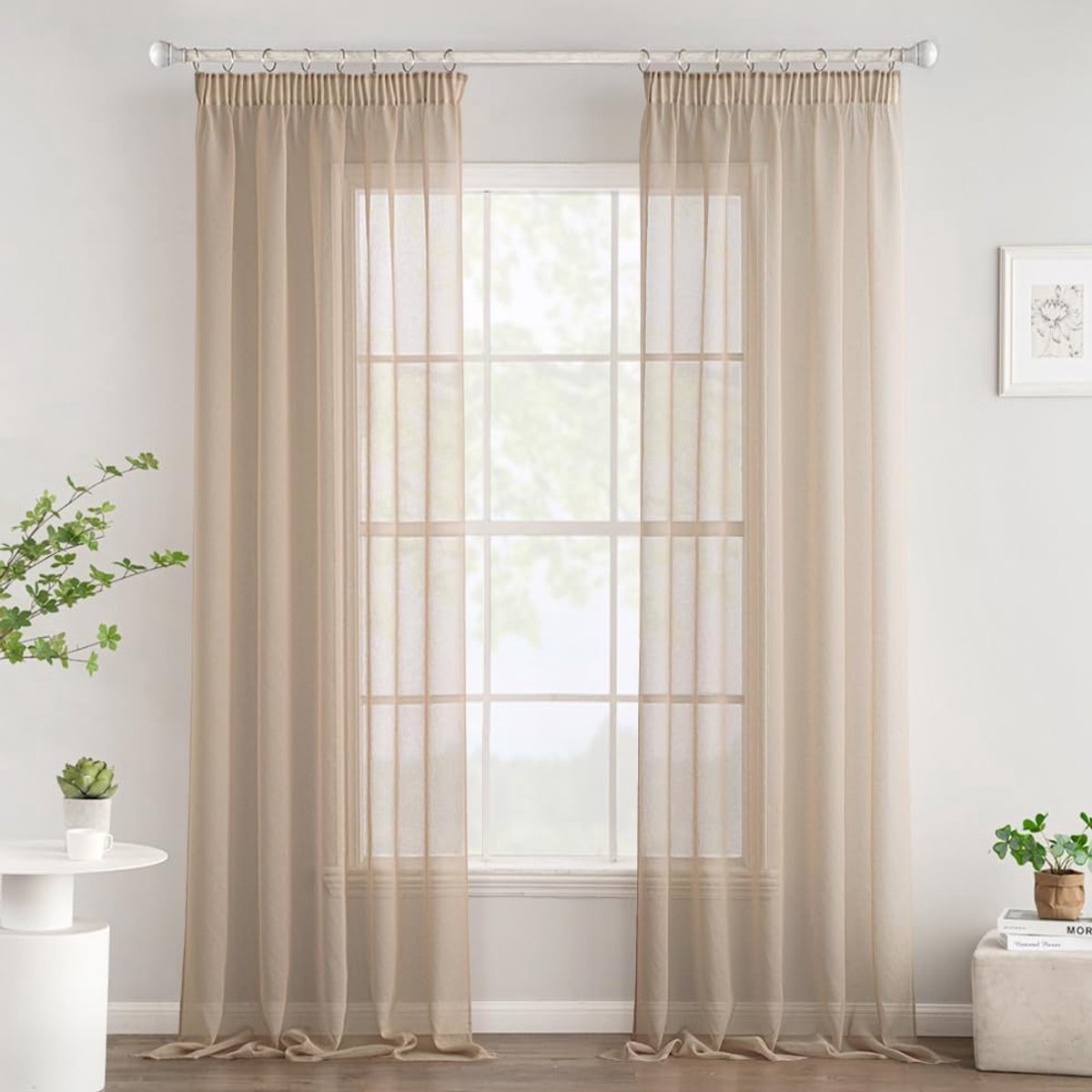 SnelShoppen - Transparante Voile Gordijnen met Rimpelband, Set van 2, 140 x 235 cm, Beige, Modern voor Woonkamer en Slaapkamer