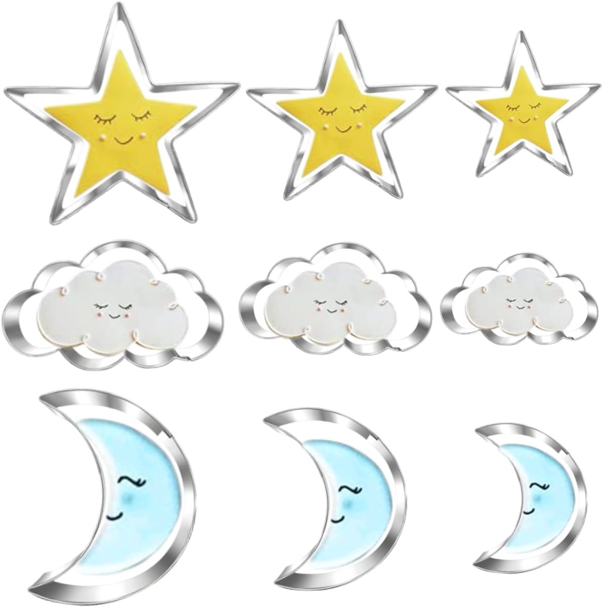SnelShoppen - 9-delige Sterren Maan Wolken Koekjesuitsteekset - RVS Koekjesvormen, Vaatwasserbestendig - Perfect voor Bakken, Taarten, Kinderen, Feest