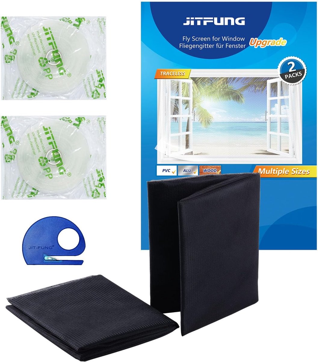 SnelShoppen - DIY Vliegenraam voor Raam, 2 Stuks Muggennet Insectenmesh met Snijder, 130 * 155 cm, Inclusief 2 Rollen Lijmhaak Tapes, Zwart (Set van 2