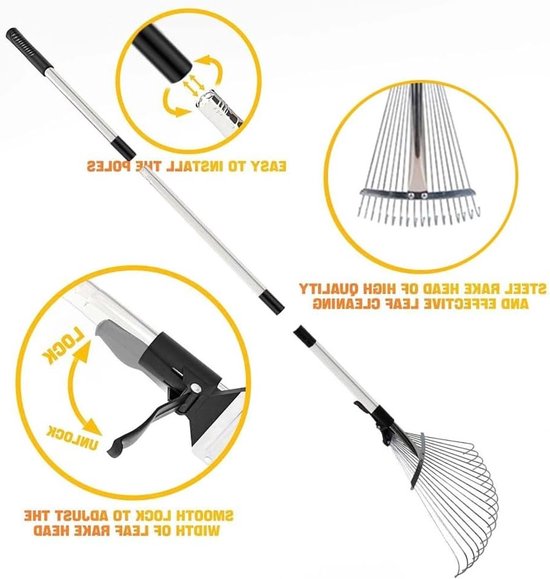 Rake Adjustable with Handle 215 cm Fan Broom Metal Rake Metal Rake with Gloves Garden Rake Fans Lawn Rake for Cleaning Plants Lawn and Yard — afbeelding 3