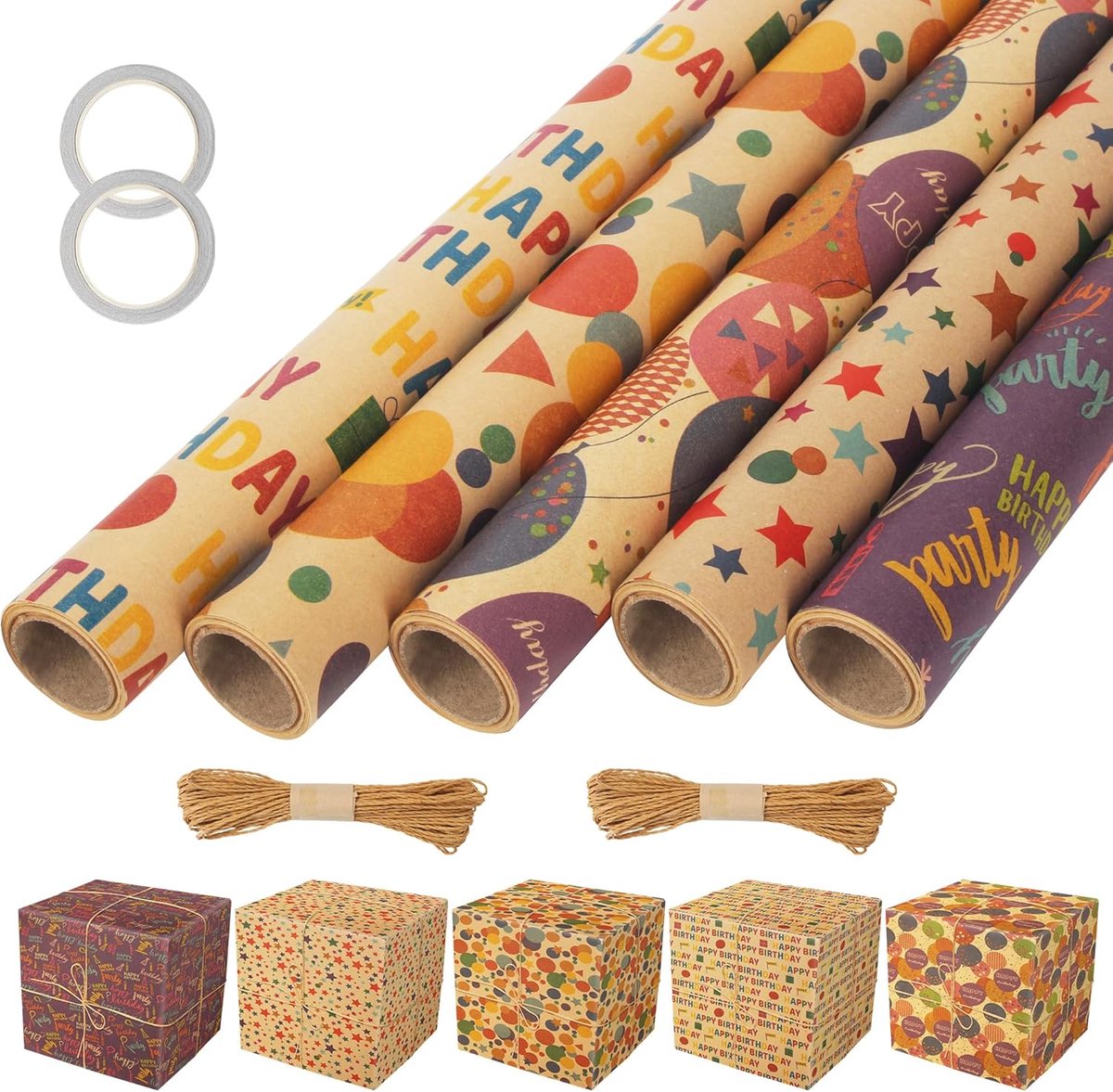 SnelShoppen - Verjaardag Cadeau Inpakpapier Set, 5 Rollen, 43cm x 300cm, Shiny Eco-Kraft Cadeaupapier, Natuurlijke Verjaardag Papieren met Bruin en Kl