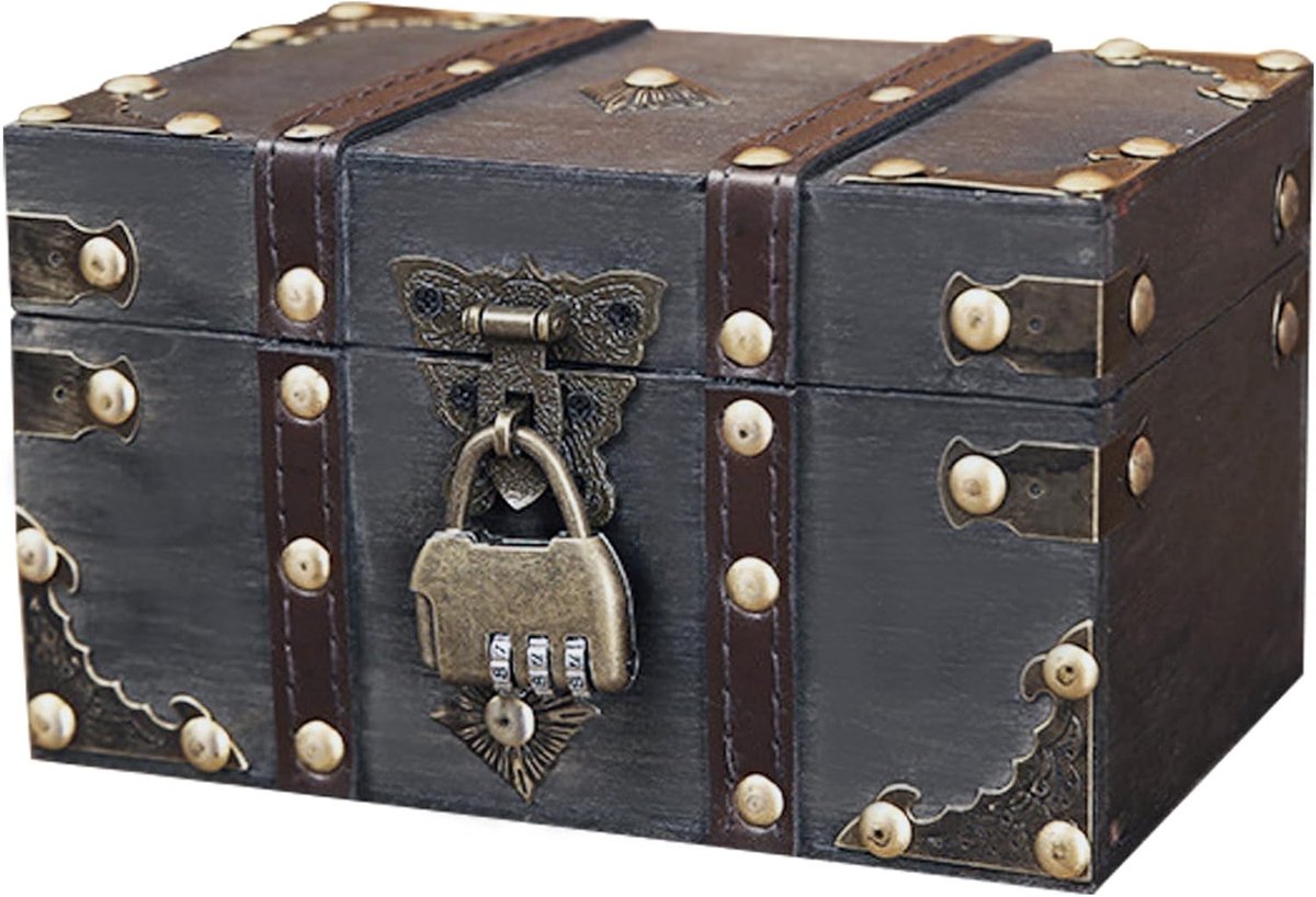 SnelShoppen - Vintage Houten Schatkist met Slot, 18 x 11 x 10 cm, Piratenkist voor Kinderen, Opbergkist voor Speelgoed en Sieraden, Decoratieve Schatd