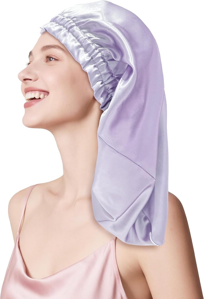 Thijox - Luxe Zijden Slaapmuts voor Dames - 100% 22 Momme Moerbeizijde - Ademend en Drukvrij - Ideaal voor Lang en Krullend Haar - Lavendel - Veilig e