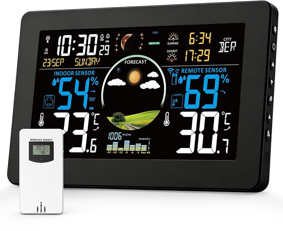 Thijox - Draadloos Weerstation met Buitensensor - Multifunctioneel Digitaal Weerstation voor Temperatuur, Luchtvochtigheid, Weersvoorspelling, Alarm -