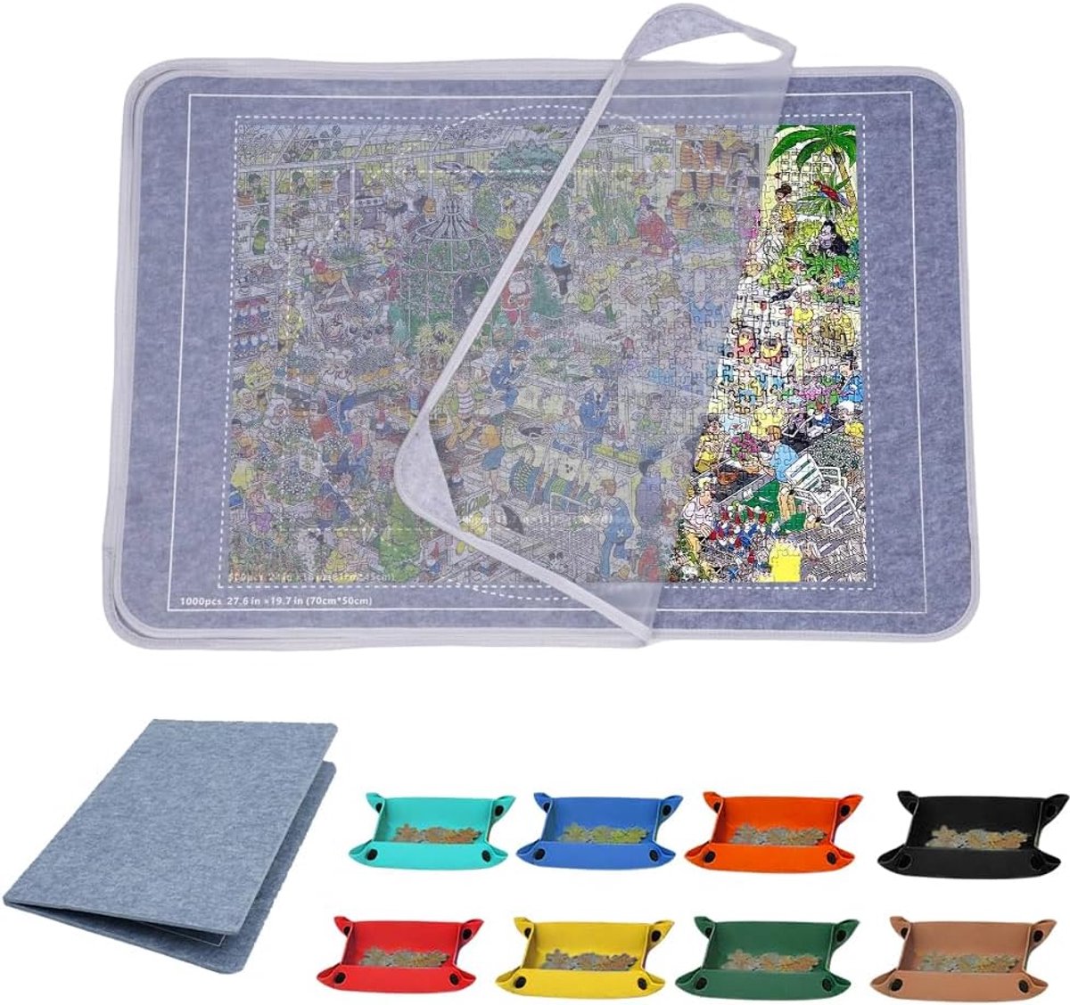 Thijox - Puzzelplank 1000 stukjes - Draagbare Puzzelmat 80x55cm - Opvouwbaar Puzzelbord met 8 Sorteerders - Licht Vilt, Transparante Afdekking - Ideaa