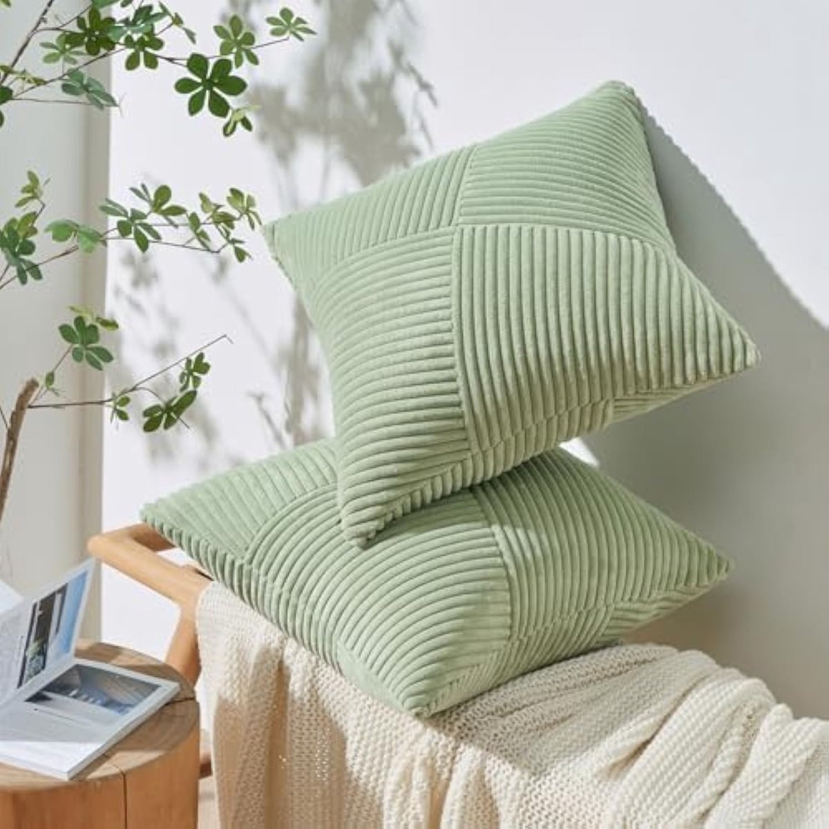 Thijox - Kussenhoes 60x60 Groen Kordsatijn 2er Set Windmolen Strepen Patroon - Decoratieve Kussenhoezen voor Sofa, Bank, Woonkamer en Slaapkamer