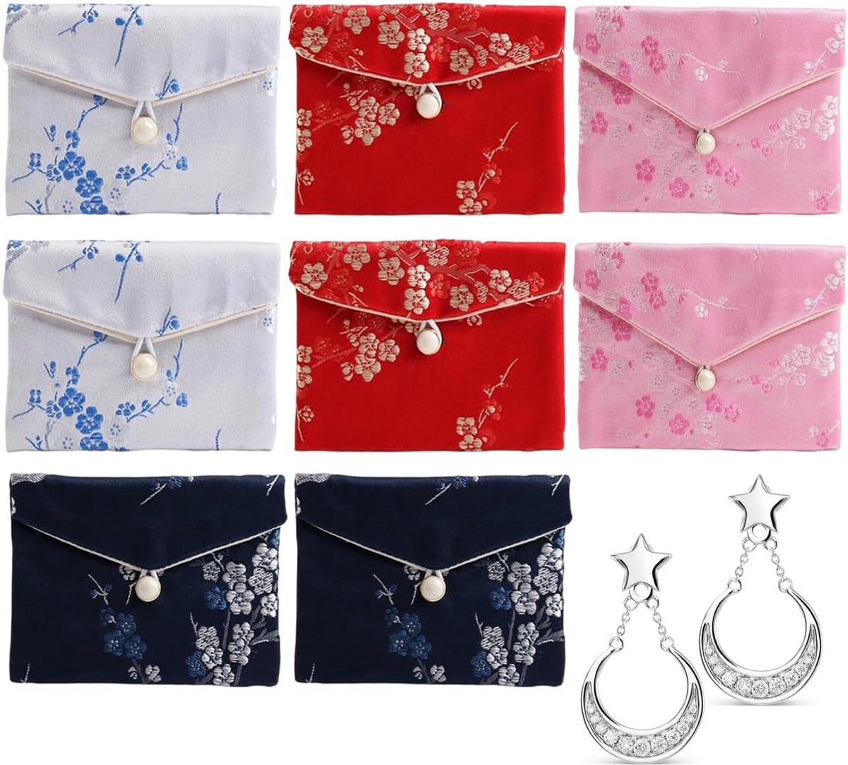 Sieradenzakjes set van 8 - brokaatstof - Aziatisch bloemenborduurwerk - elegante verpakking voor sieraden - ShopVlot