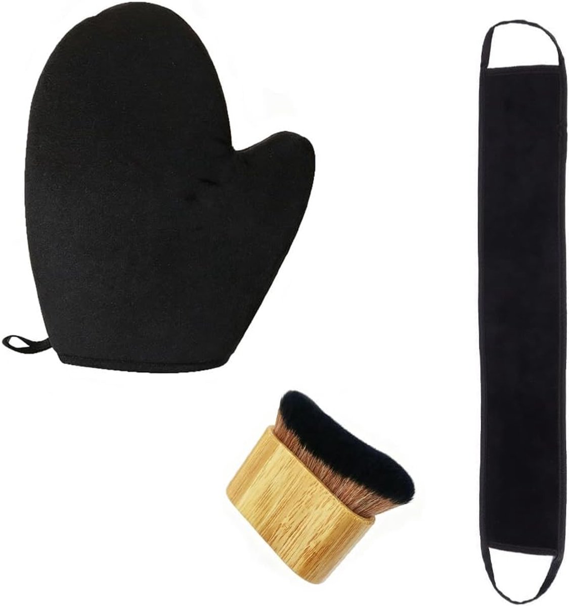 Zelfbruiningshandschoenen set van 3 - met crèmehulp voor rug - bamboe handvat - voor gelijkmatige toepassing - ShopVlot