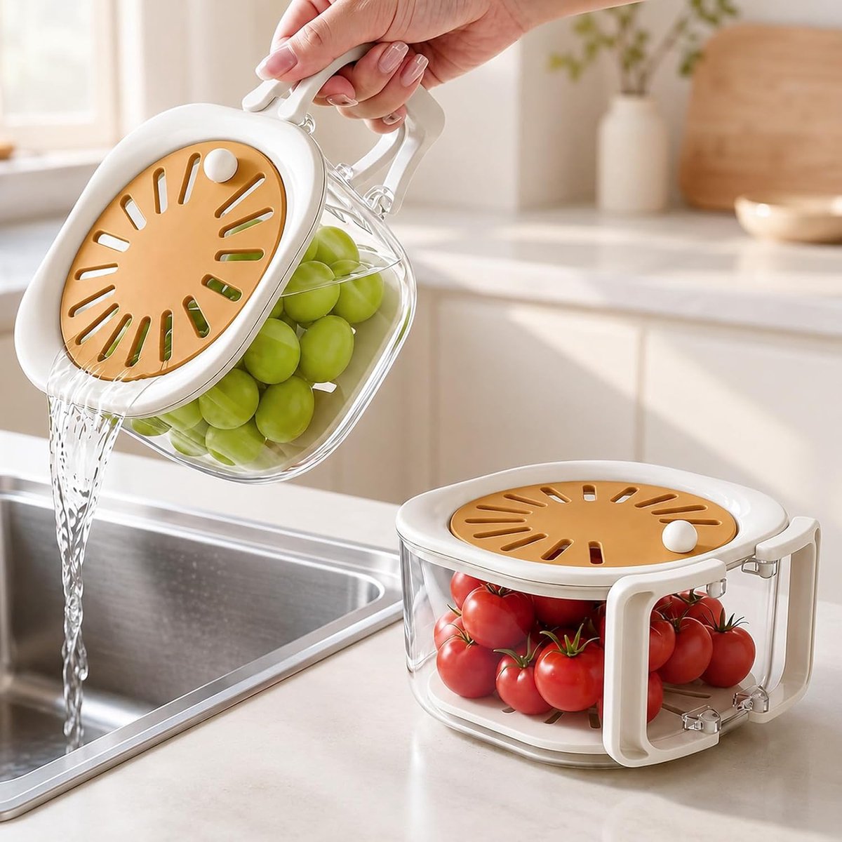 Fruitwaskom 2-in-1 - Bruin - Met deksel en opvouwbare handgreep - Eenvoudig groenten en fruit wassen - ShopVlot