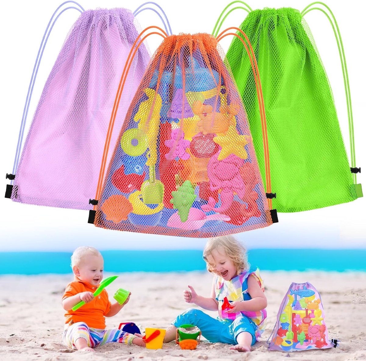 Strandtas set van 3 - Mesh strandtassen met trekkoord - Lichtgewicht en opvouwbaar - Ideaal voor strandvakanties - ShopVlot