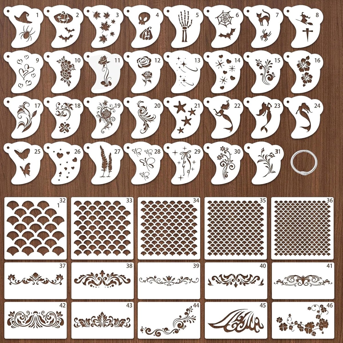 Face paint sjablonen set 46 stuks - herbruikbaar PET plastic - diverse ontwerpen - perfect voor feestjes - ShopVlot