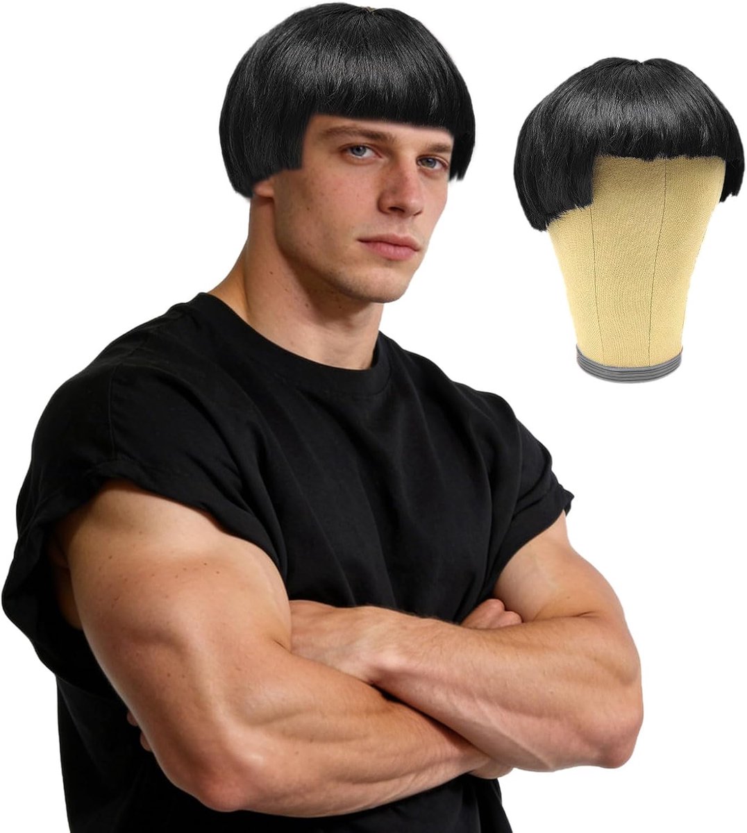 Wig zwart met bangs - korte komvorm - synthetisch haar - ideaal voor Halloween en rolspel - ShopVlot