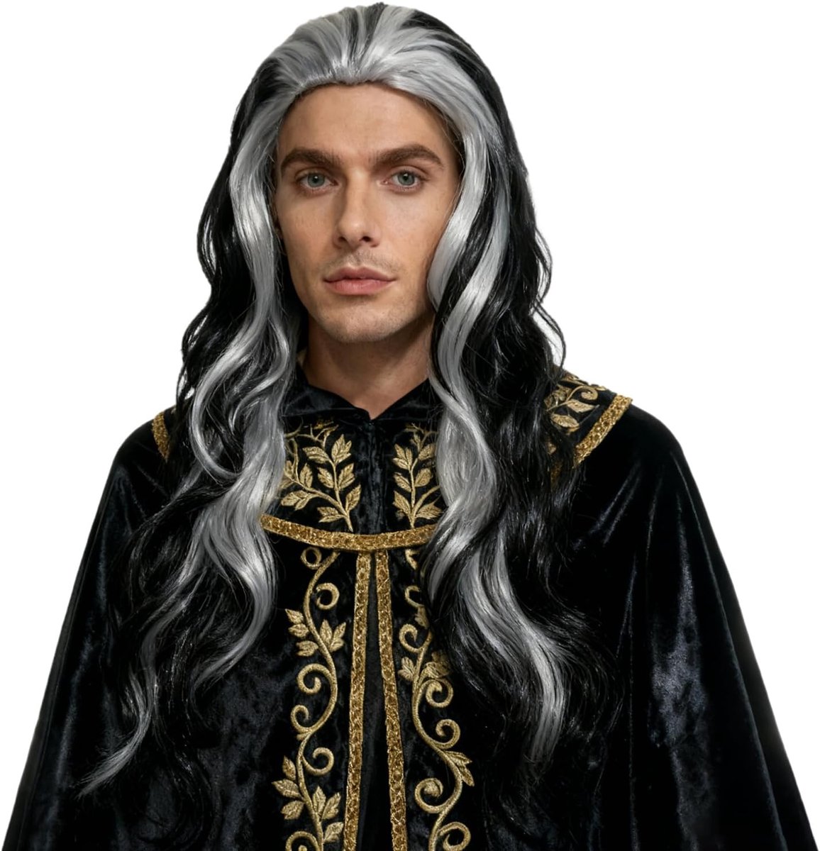 Langgolvende zwarte witte partypruik - synthetisch haar - voor vampier of heks - ideaal voor Halloween en cosplay - ShopVlot
