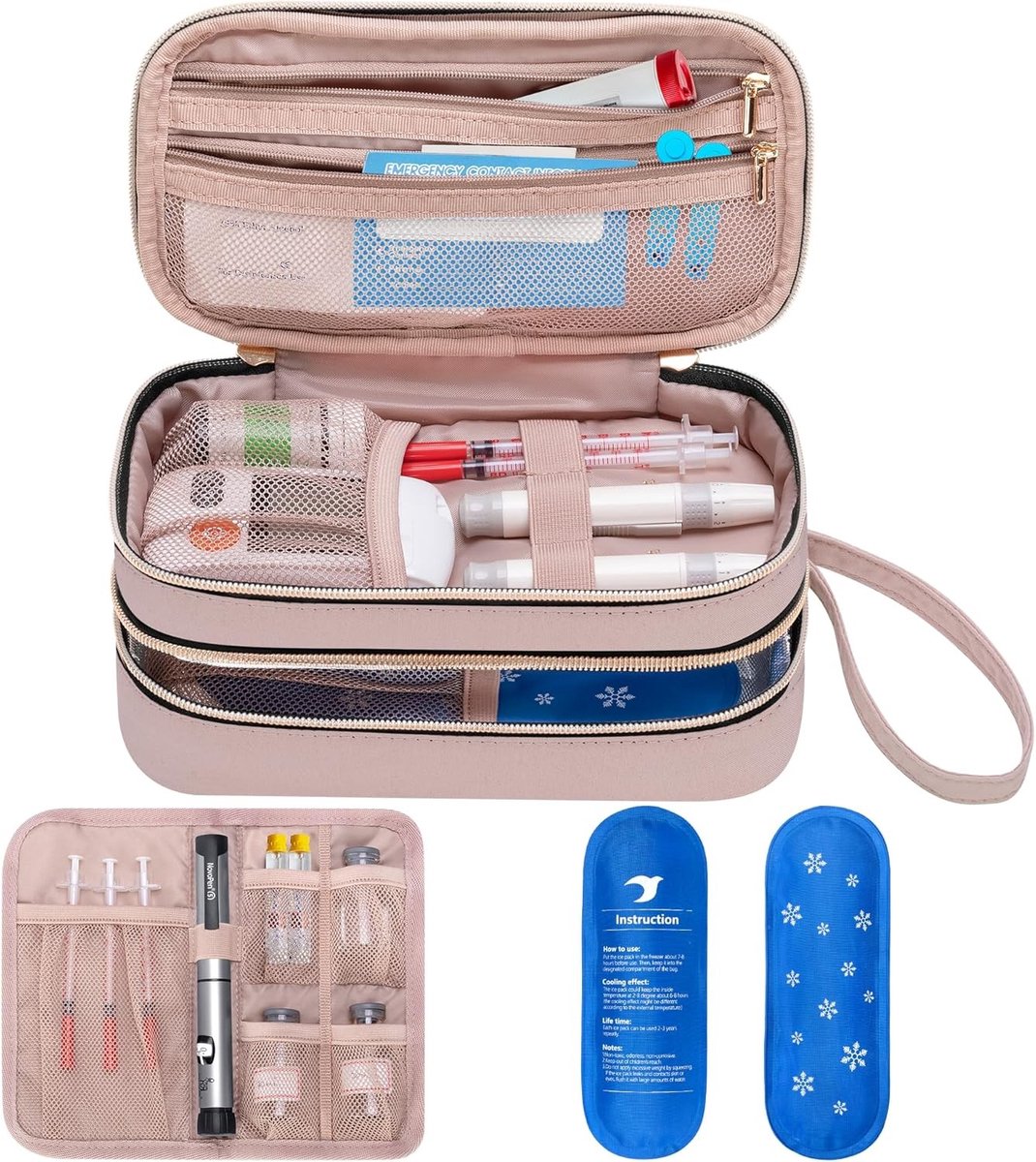 Isothermische Reis Insuline Tas met 2 Koelpacks in Roze | Geïsoleerde tas voor diabetici, met padding, praktische opbergruimte en draagbare karabiner