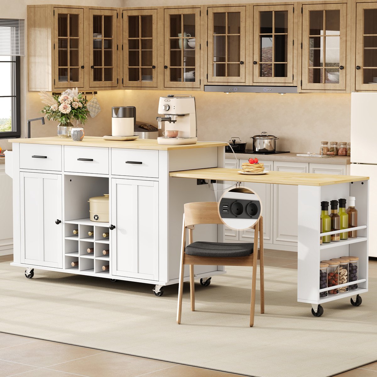 OKWISH Wijnrek - Keukeneiland Met Uittrekbaar Werkblad - 136(223)x50x93 cm - 3 Lades En 9 Flessen - Met Stopcontact En 7 Wielen - Hout Wit Naturel