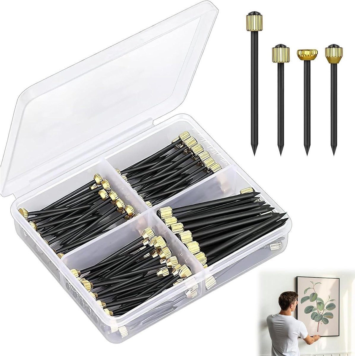 Foto hanger set 100 stuks - Stalen muurspijkers - Met messing doppen - Voor zware foto's en decoraties - ShopVlot