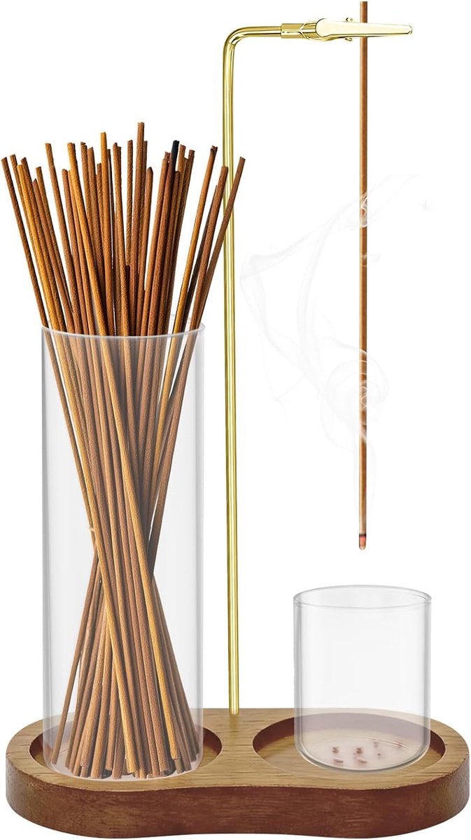 Incense stick holder 2 in 1 - houten basis - glazen asopvang - perfect voor meditatie - ShopVlot