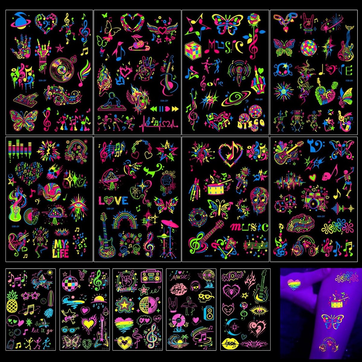Tijdelijke Tattoos - 13 Bladen Neon Disco Muziek - Fluorescerend Design - Perfect voor Festivals - ShopVlot