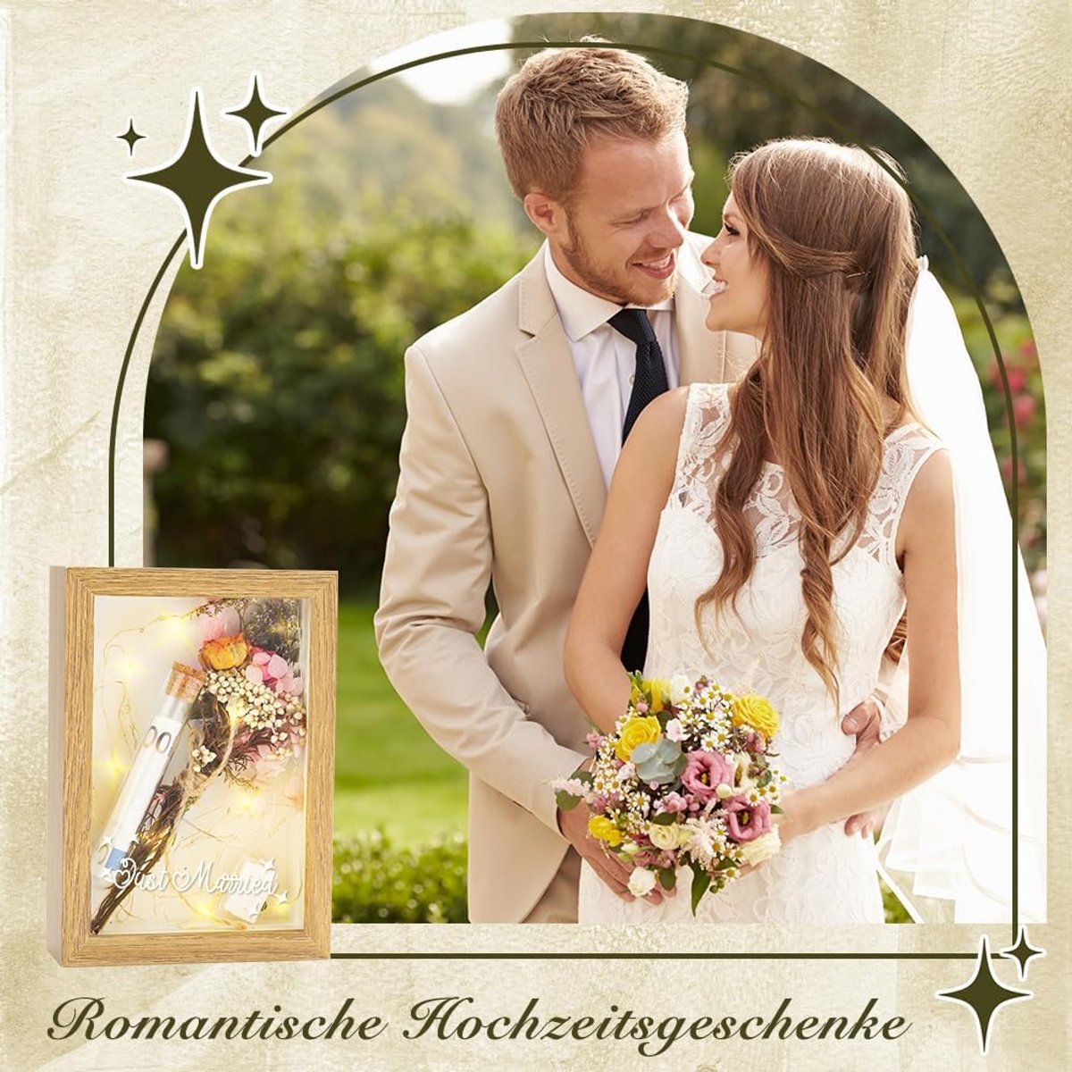 Geldgeschenken met fotolijst - inclusief gedroogde bloemen - sfeervolle lichtslinger - perfect voor pasgetrouwden - ShopVlot