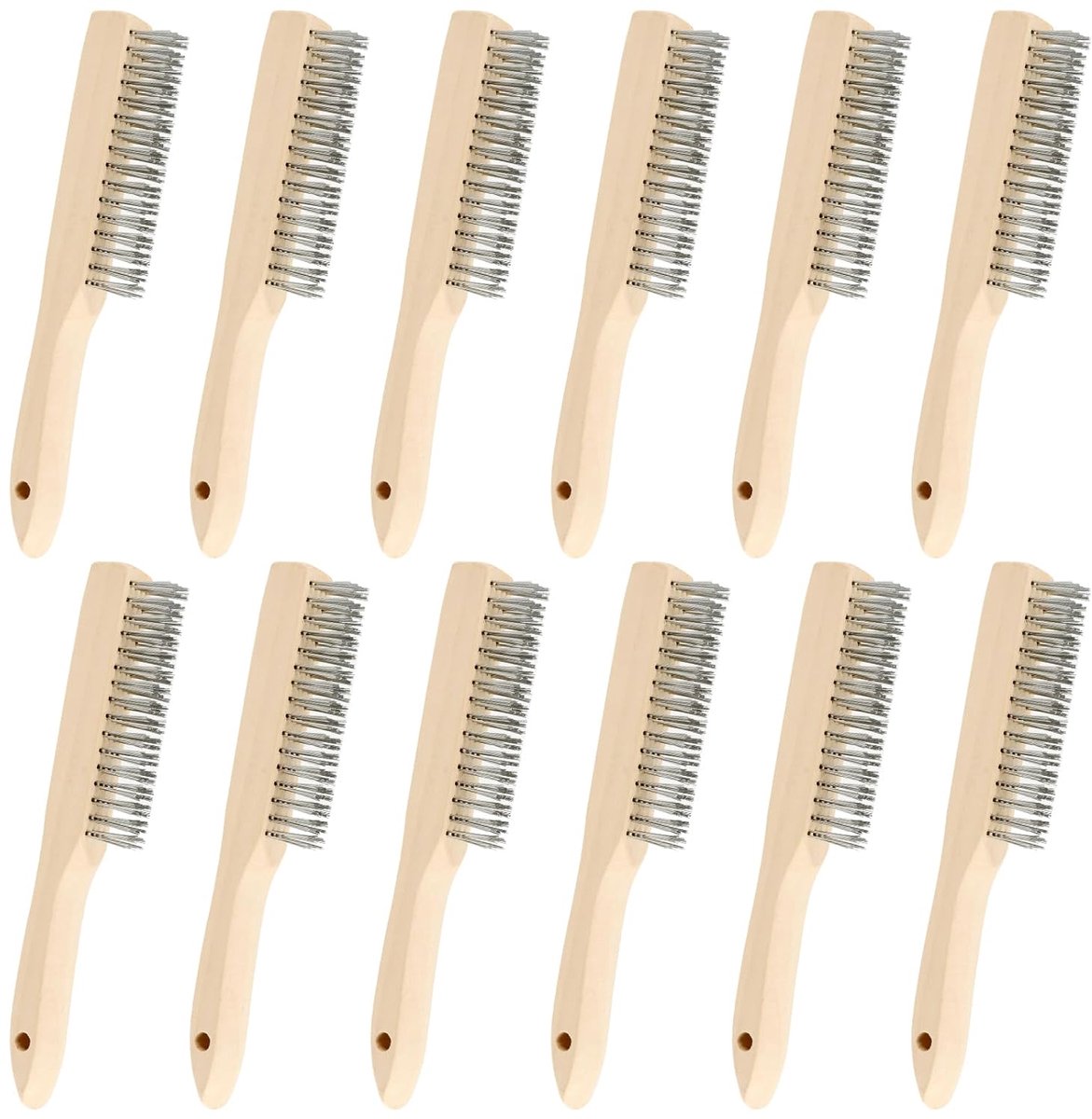 Draadborstel 12-delig met houten handvat - 240mm lang - krachtige staaldraden - ShopVlot