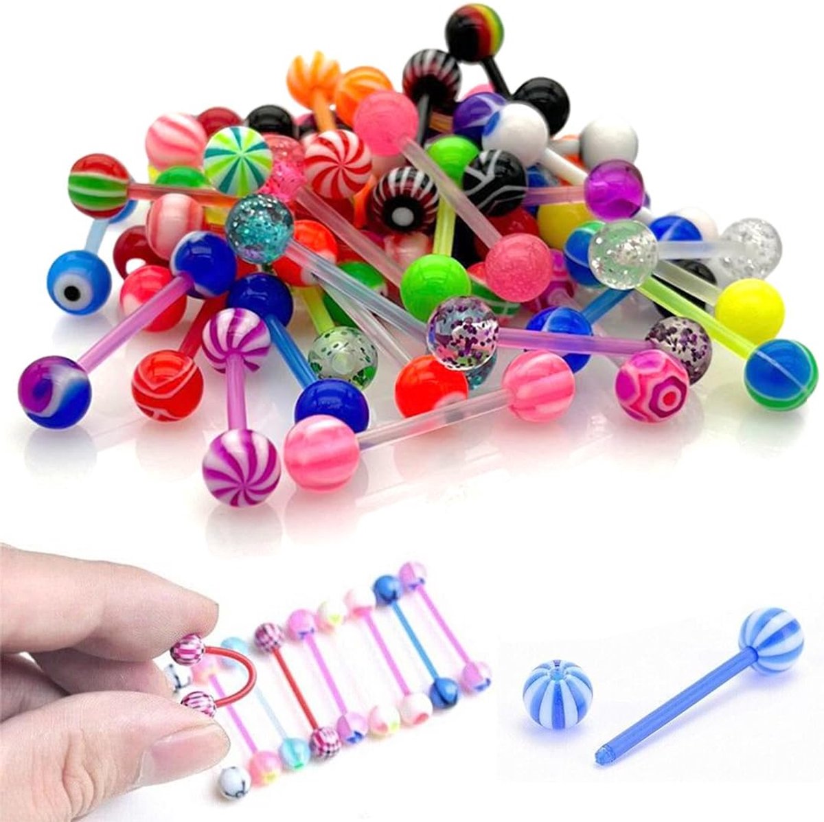 Tepelpiercingset van kunststof, flexibele kunststof tongpiercings - ShopVlot